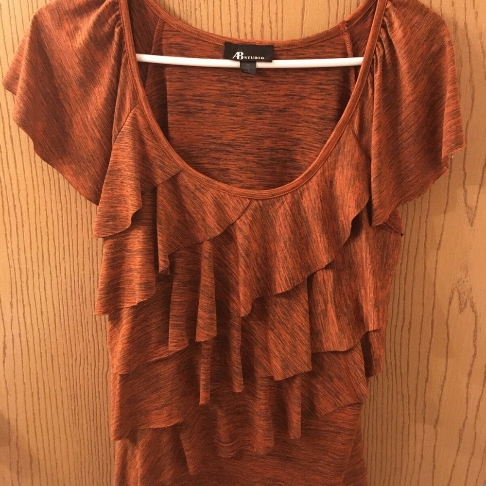 AB Studio Short Sleeved Flutter Ruffle Copper Top